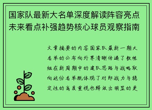 国家队最新大名单深度解读阵容亮点未来看点补强趋势核心球员观察指南 国家队最新大名单深度解读阵容亮点未来看点补强趋势核心球员观察指南